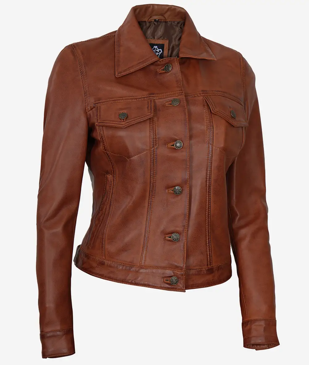 Womens Cognac Brown Trucker Leather Jacket