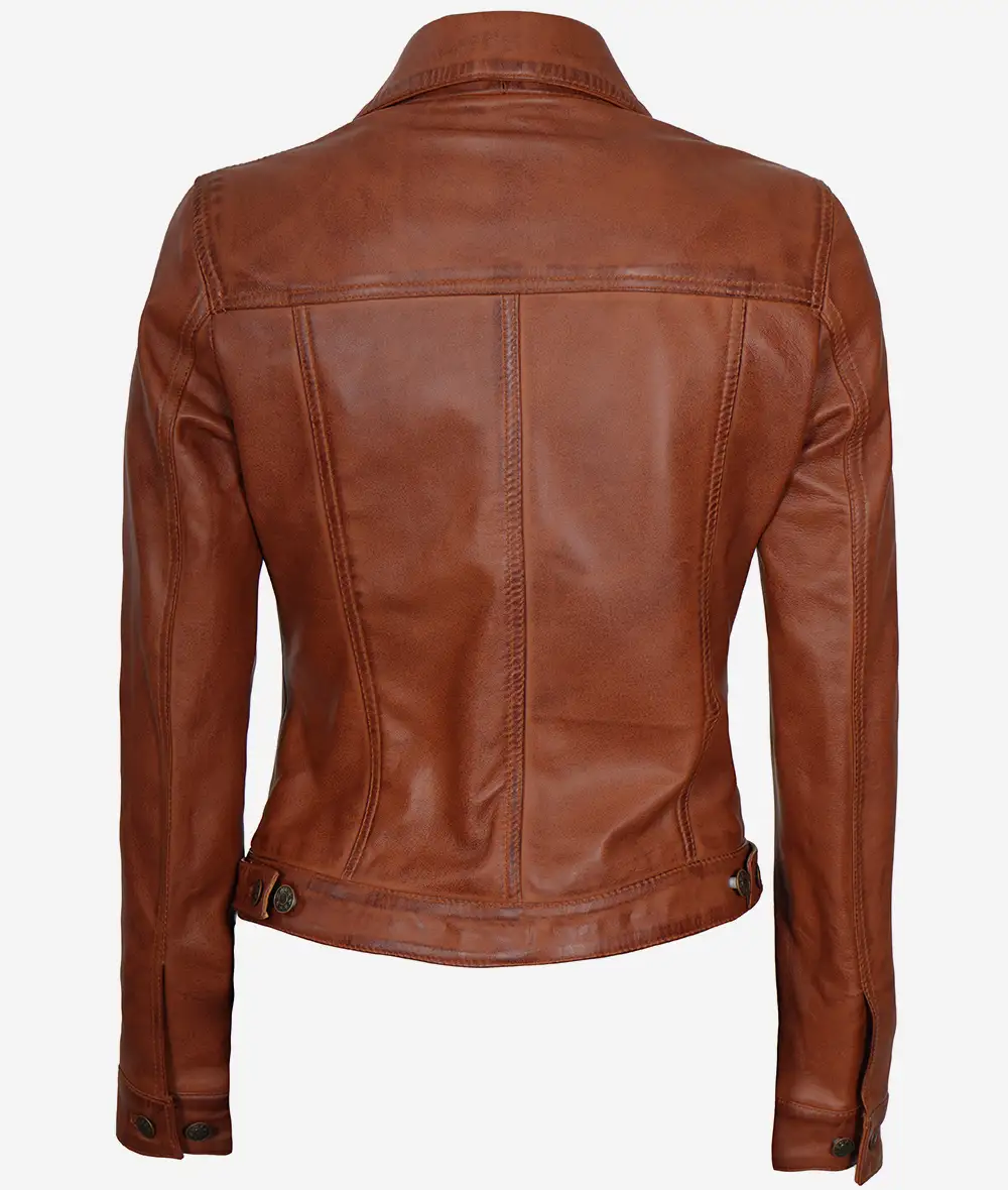 Womens Cognac Brown Trucker Leather Jacket