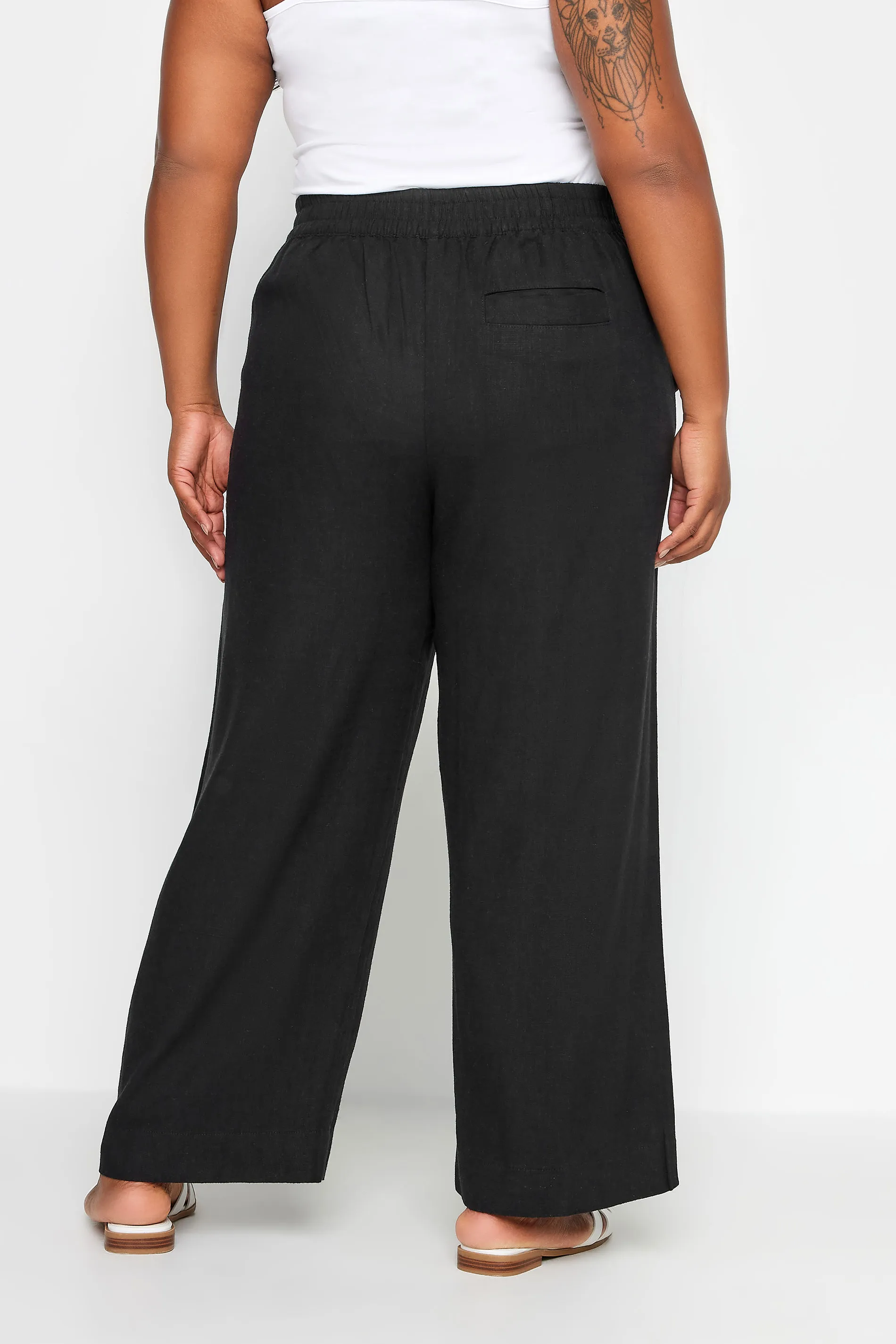 YOURS Curve Black Pull On Wide Leg Linen Trousers