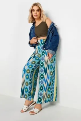 YOURS Curve Blue Abstract Print Textured Wide Leg Trousers