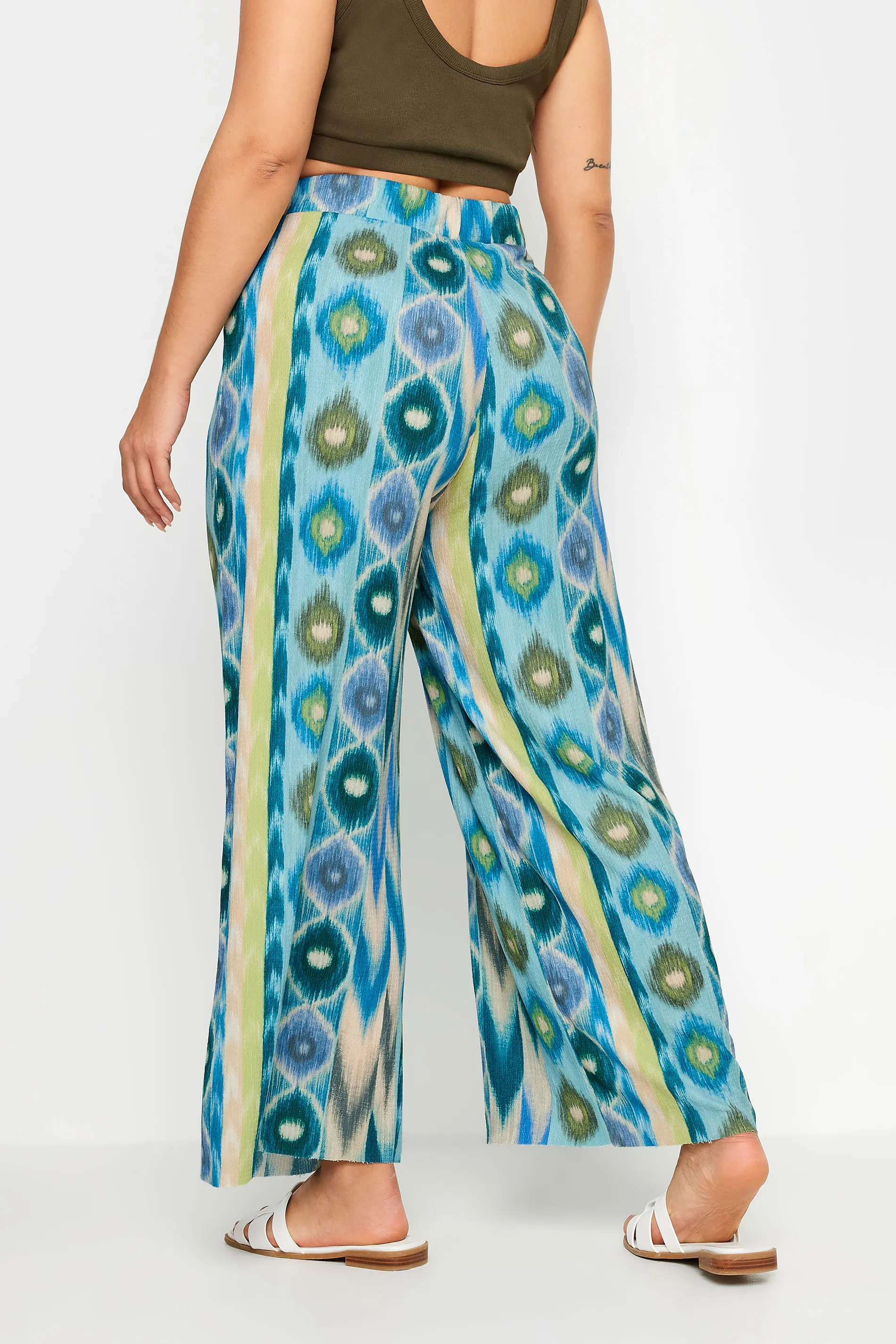 YOURS Curve Blue Abstract Print Textured Wide Leg Trousers