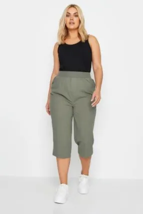 YOURS Curve Khaki Green Elasticated Cool Cotton Cropped Trousers