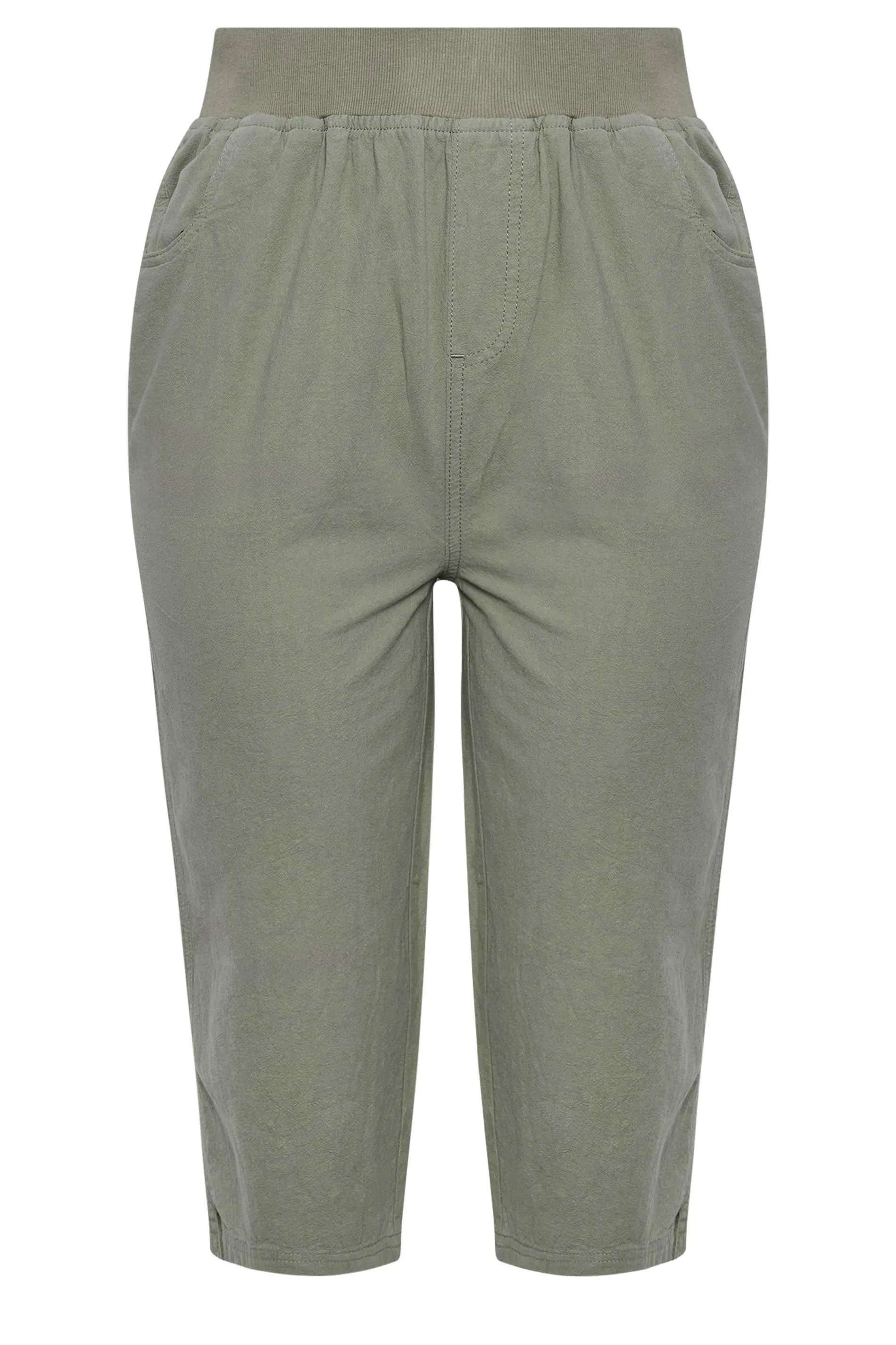 YOURS Curve Khaki Green Elasticated Cool Cotton Cropped Trousers