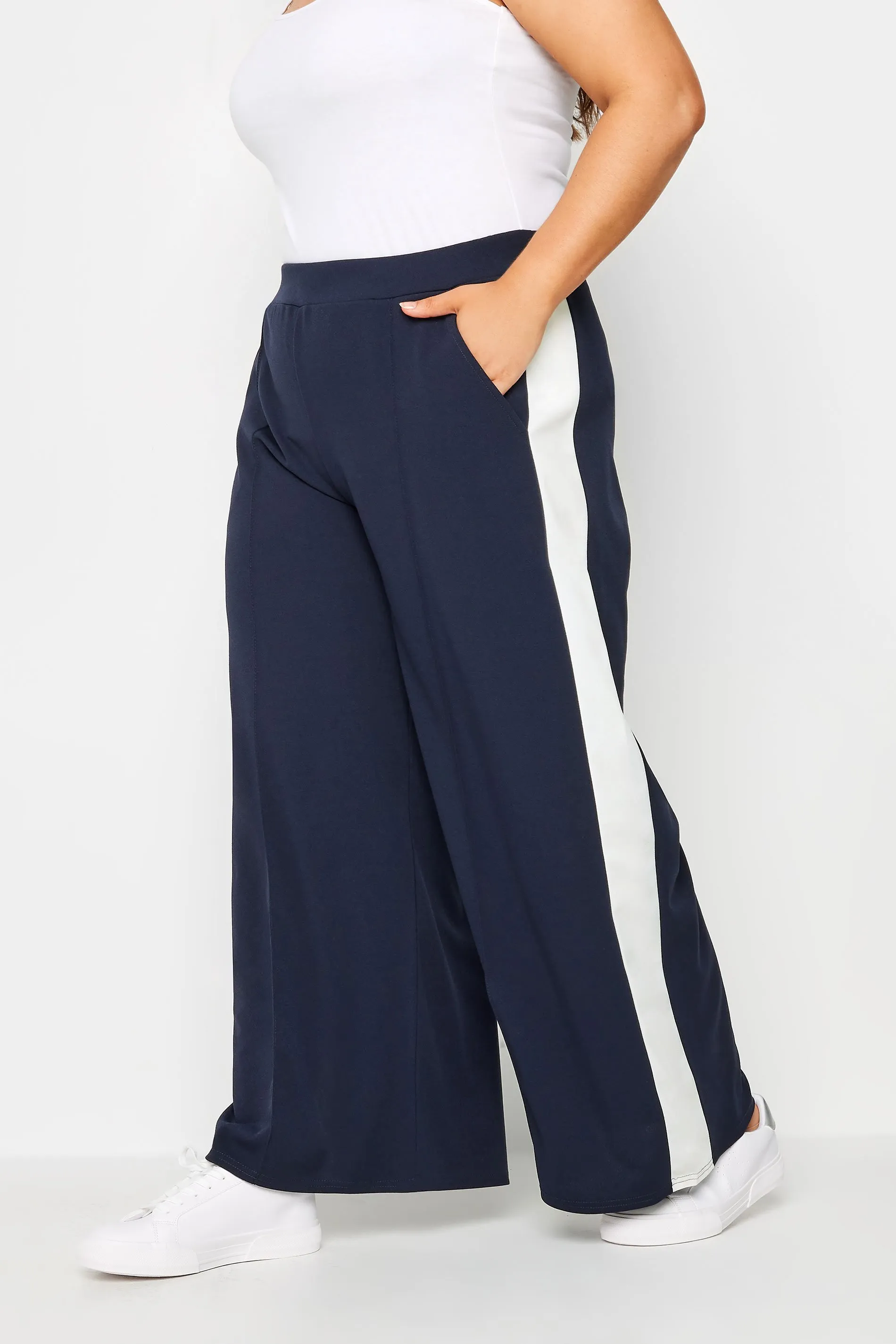 YOURS Curve Navy Blue & White Scuba Side Stripe Trousers