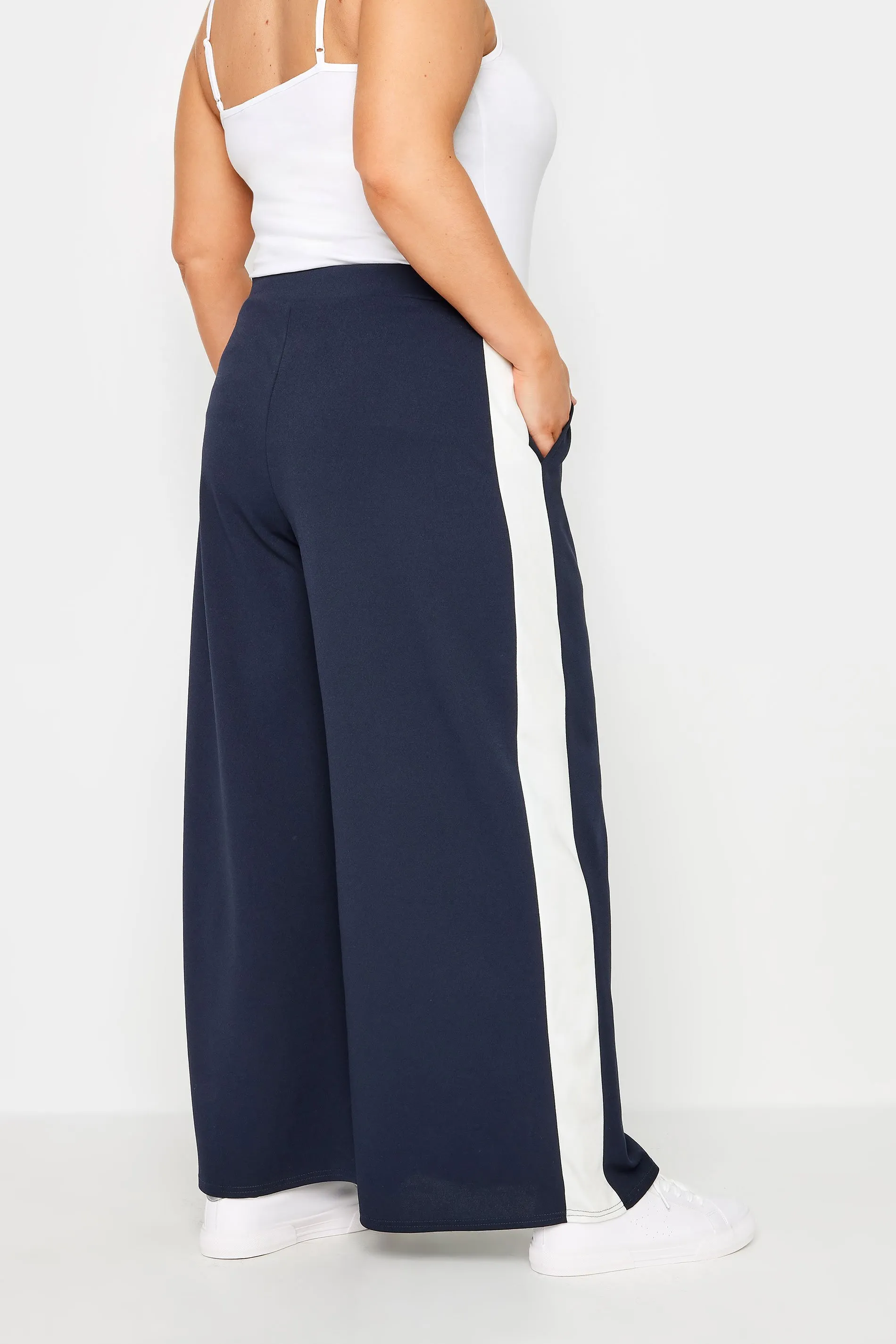 YOURS Curve Navy Blue & White Scuba Side Stripe Trousers