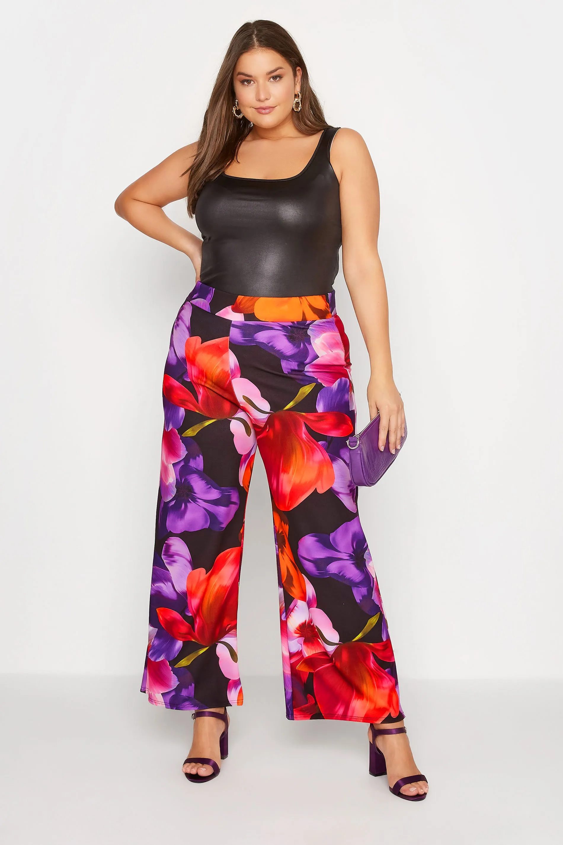 YOURS LONDON Curve Black Floral Stretch Wide Leg Trousers