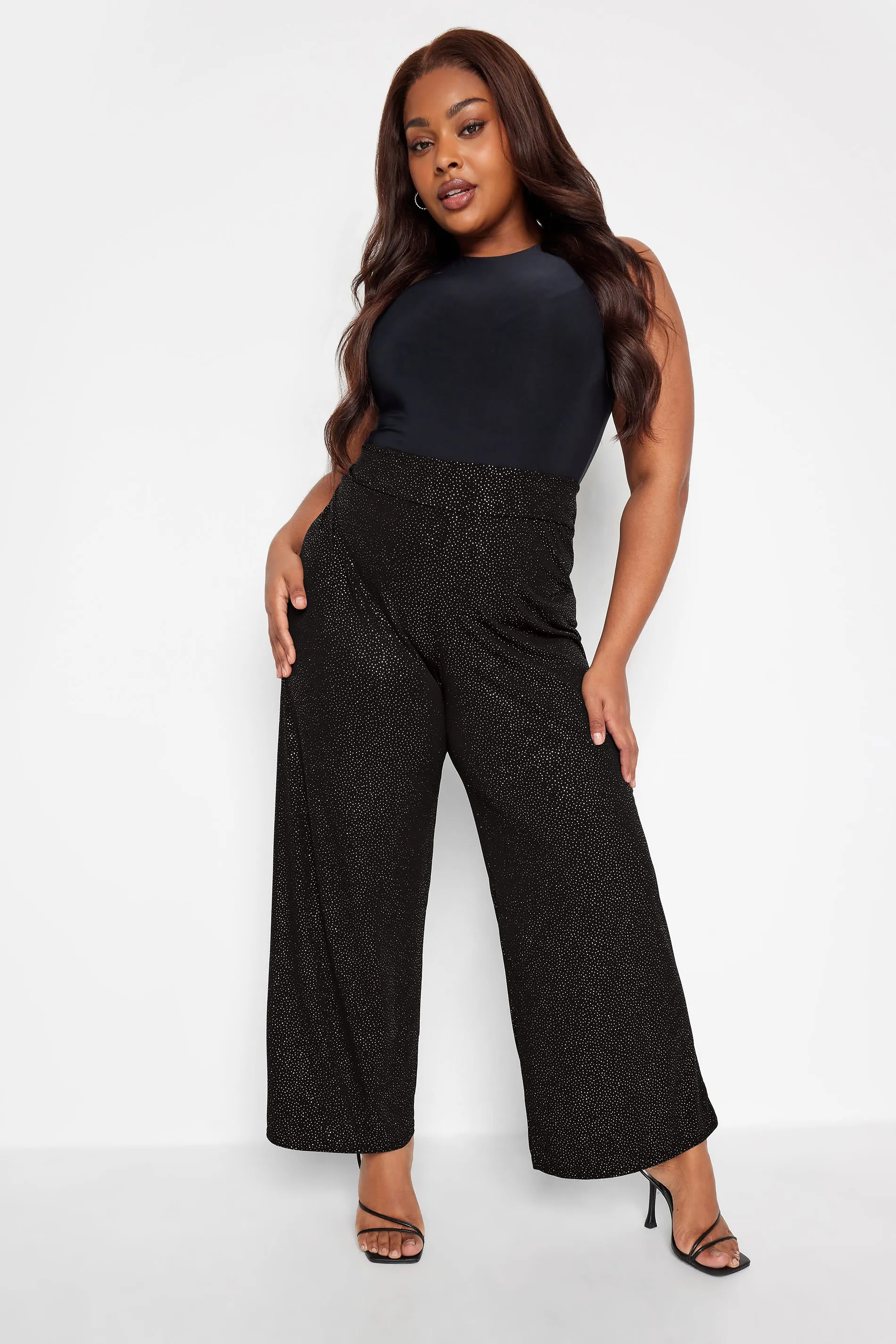 YOURS LONDON Curve Black Glitter Party Stretch Wide Leg Trousers